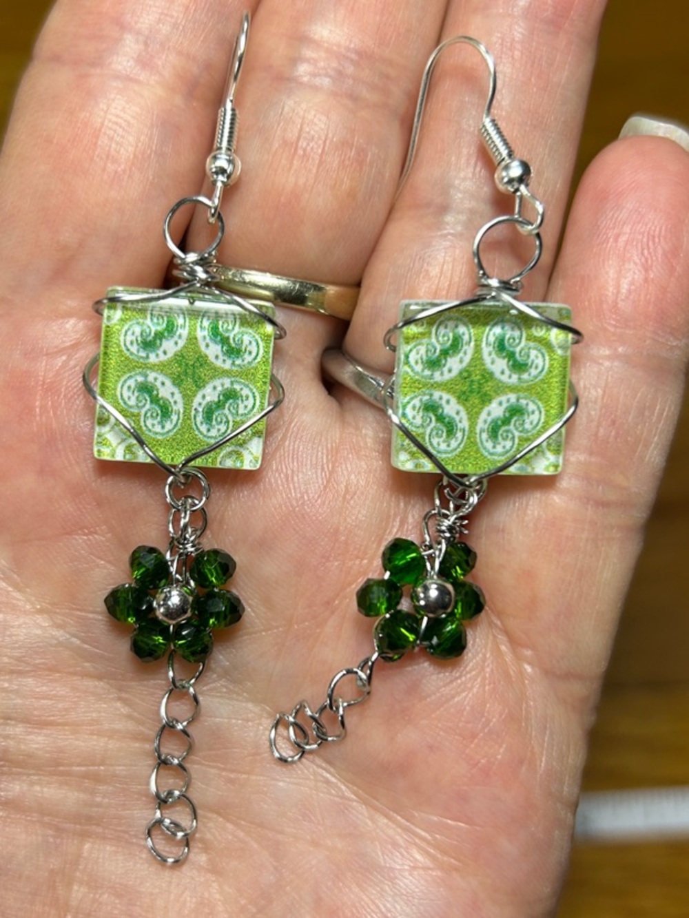 3/$25 Green Paisley Square Dangle Earrings with Crystal Flower Accent